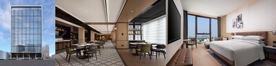 从左到右（效果图）：北京南站福朋喜来登酒店外观、玩啤食社(The MESH) 、高级大床房