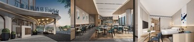 从左至右（效果图）：福州台江万豪万枫酒店外观、万枫餐厅、客房